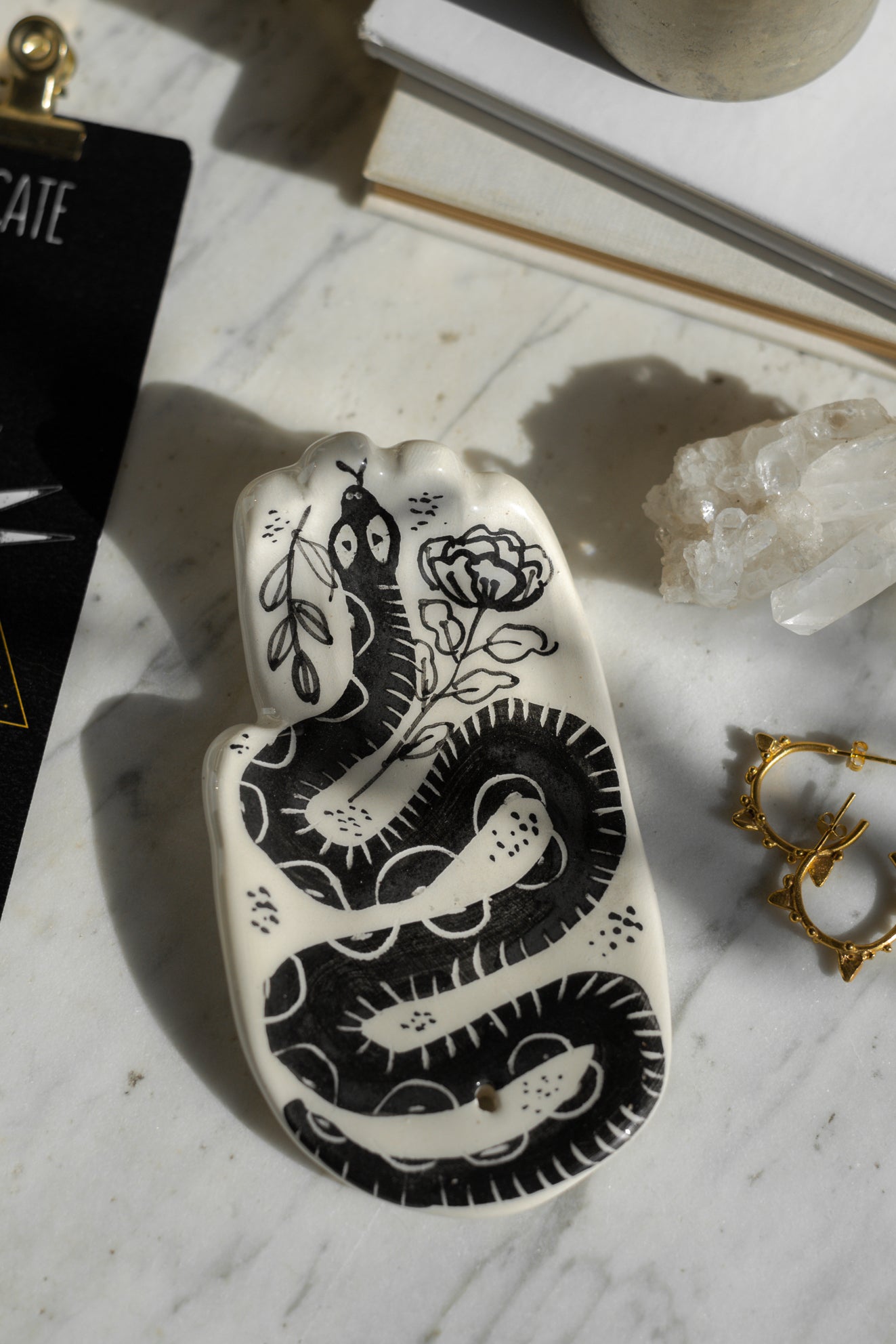 Witches' hands Incense holder with moth or snake illustration