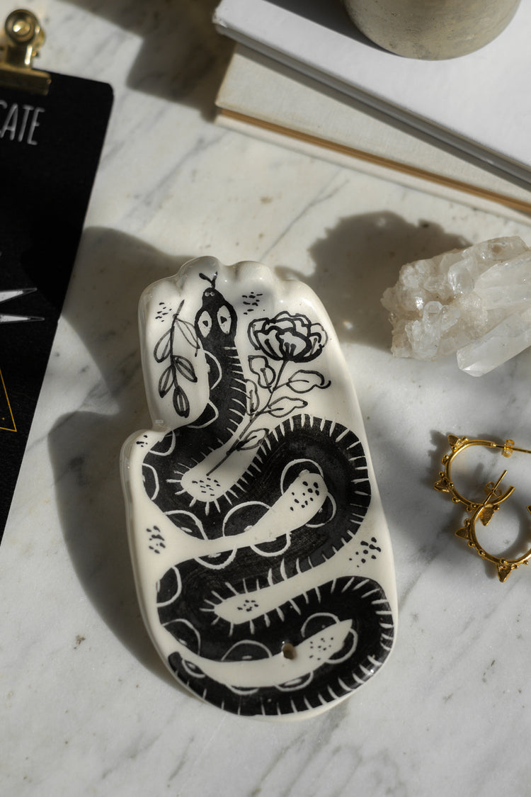 Witches' hands Incense holder with moth or snake illustration