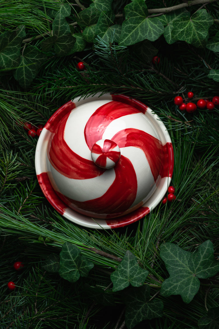 Red & White Stripe Candycane Butter Dish