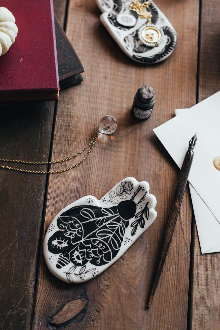 Witches' hands Incense holder with moth or snake illustration